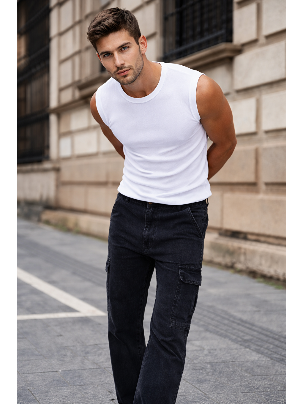 Gri Erkek Kargo Cepli Pamuklu Füme Baggy Pantolon-3