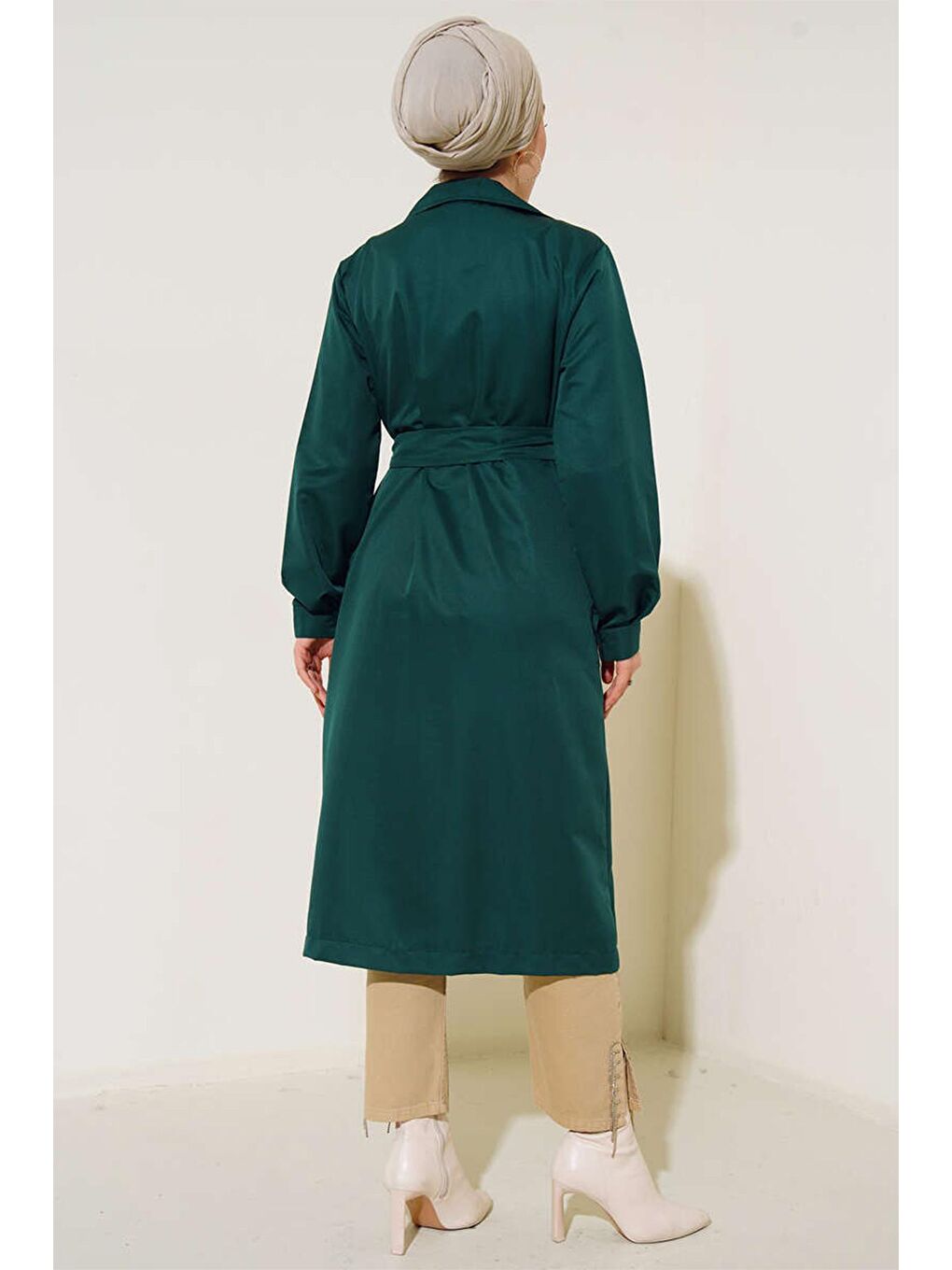 T5853 Kruvaze Yaka Tesettür Trençkot - Zümrüt Yeşili-3