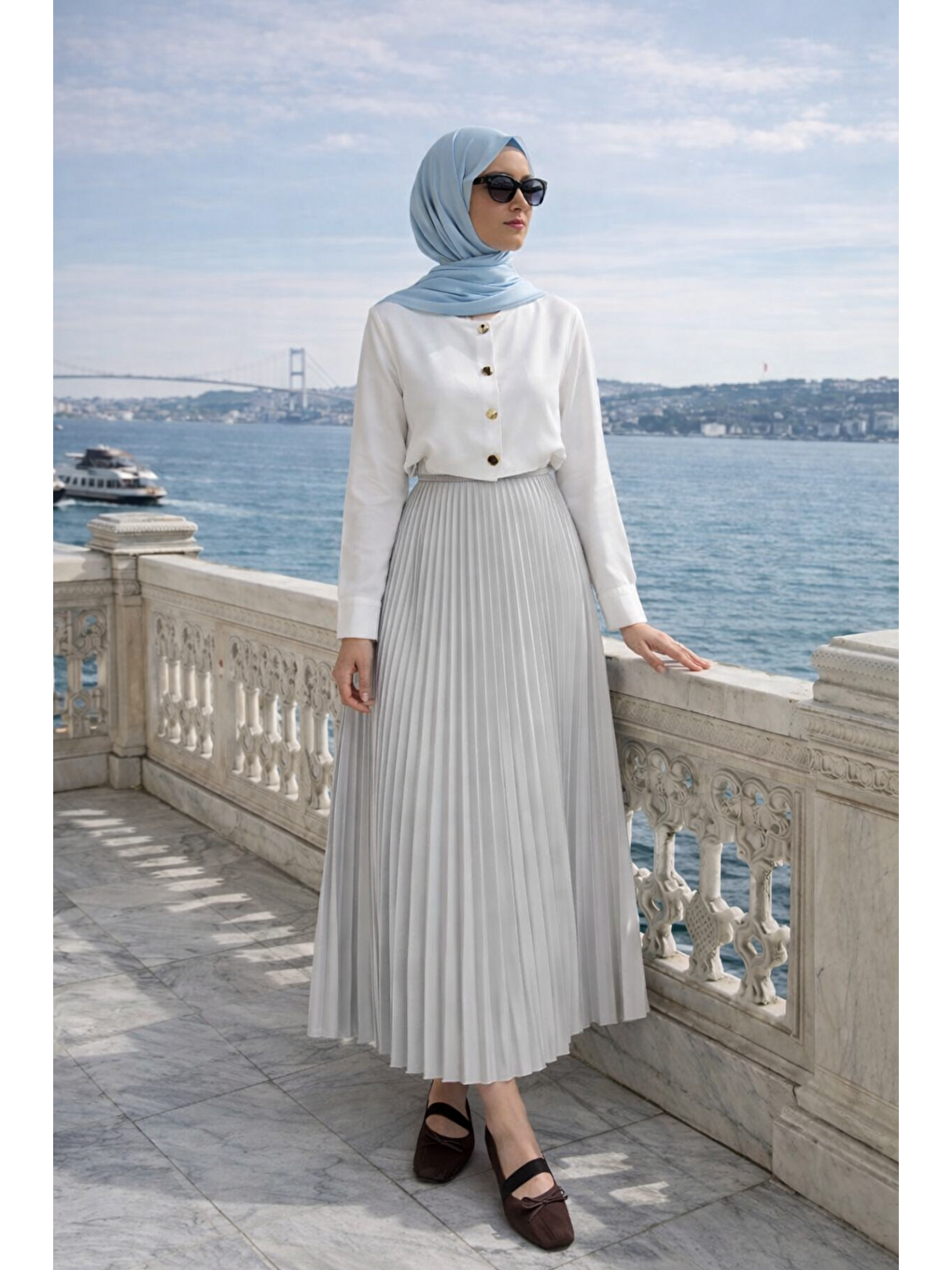 Kadın Premium Pileli Gri Uzun Tesettür Etek