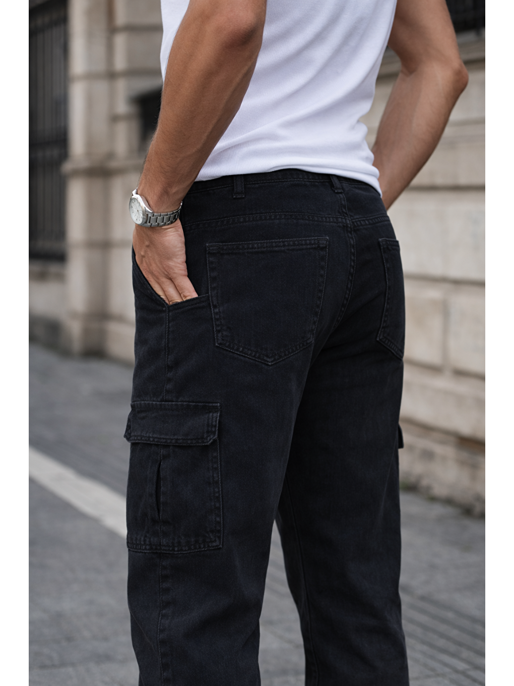 Gri Erkek Kargo Cepli Pamuklu Füme Baggy Pantolon-4