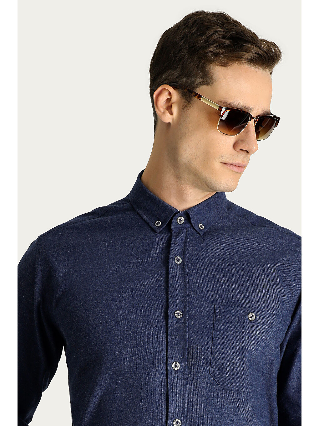 Lacivert Uzun Kol Regular Fit Pamuklu Düğmeli Yaka Gömlek-1