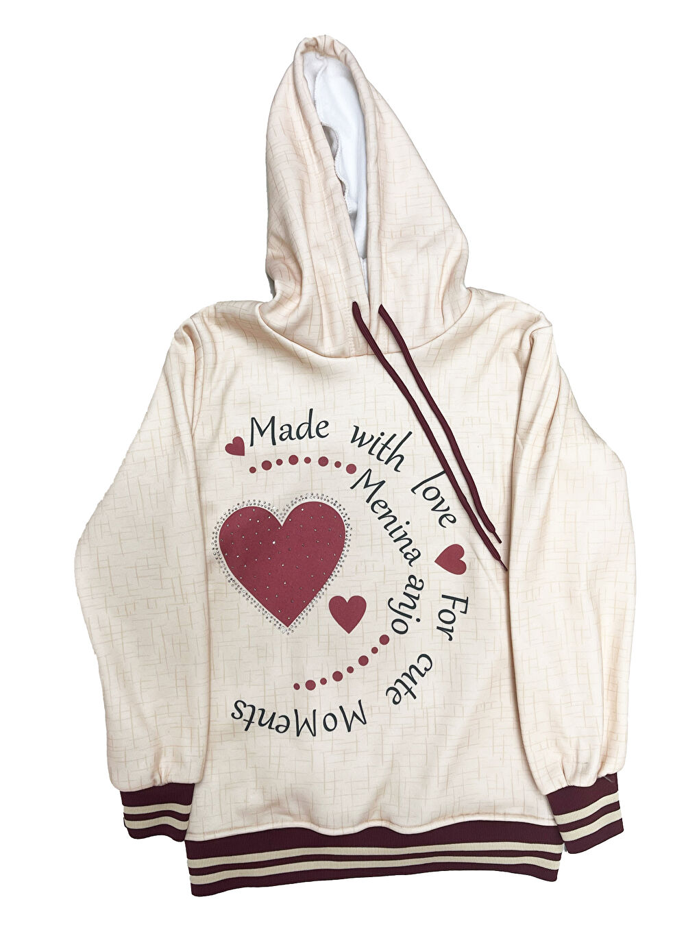 Bordo Kız Çocuk Taş Süslemeli Kapüşonlu Ribana Detaylı 3 İplik Alt-Üst Takım 12338-1