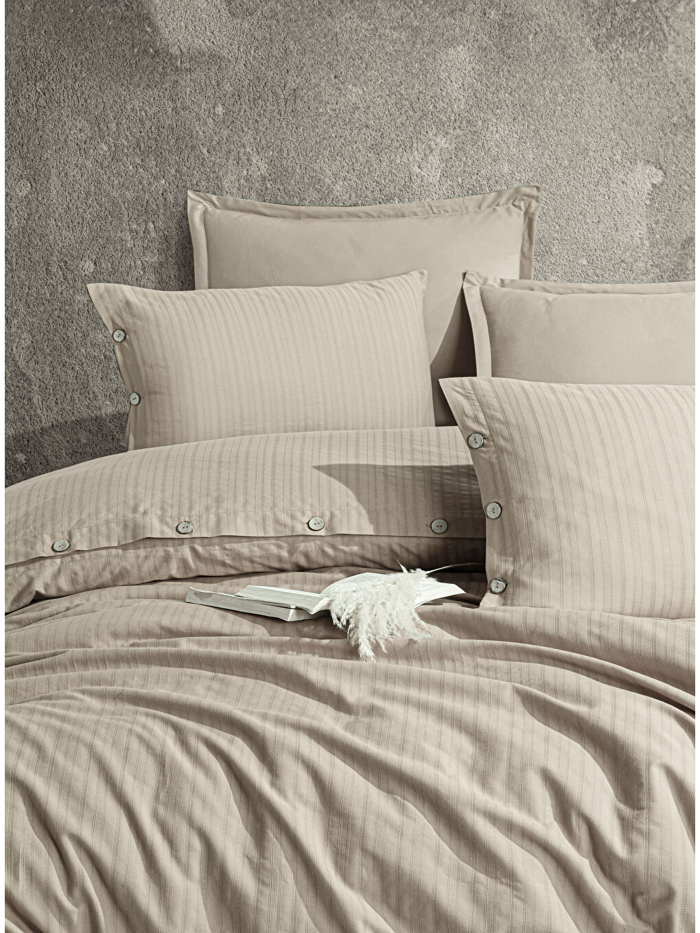 %100 Pamuk Tek Kişilik Düğmeli Nevresim Seti Arsida Bej
