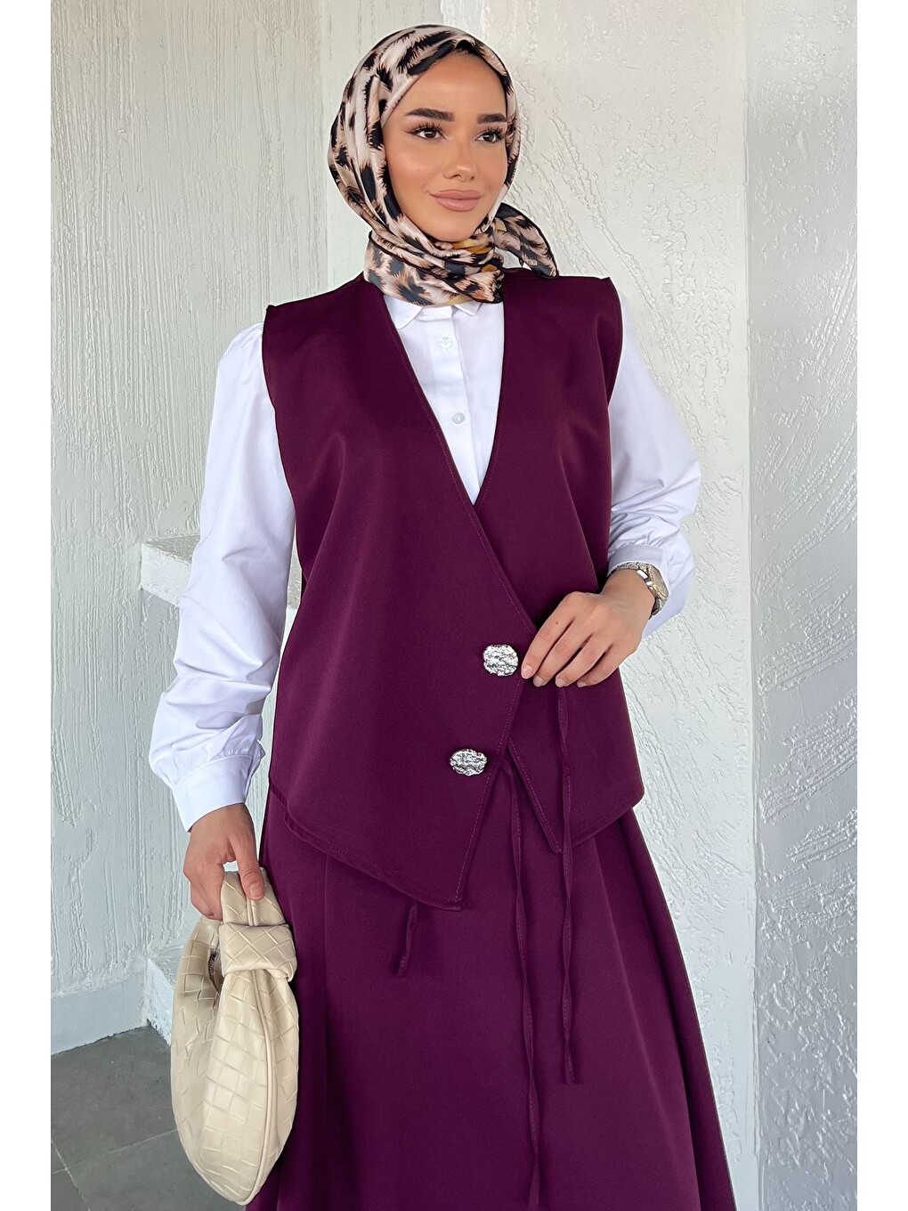 Mürdüm Gülseli Bağlamalı Yelek Gömlek Etek Tesettür Üçlü Takım-1