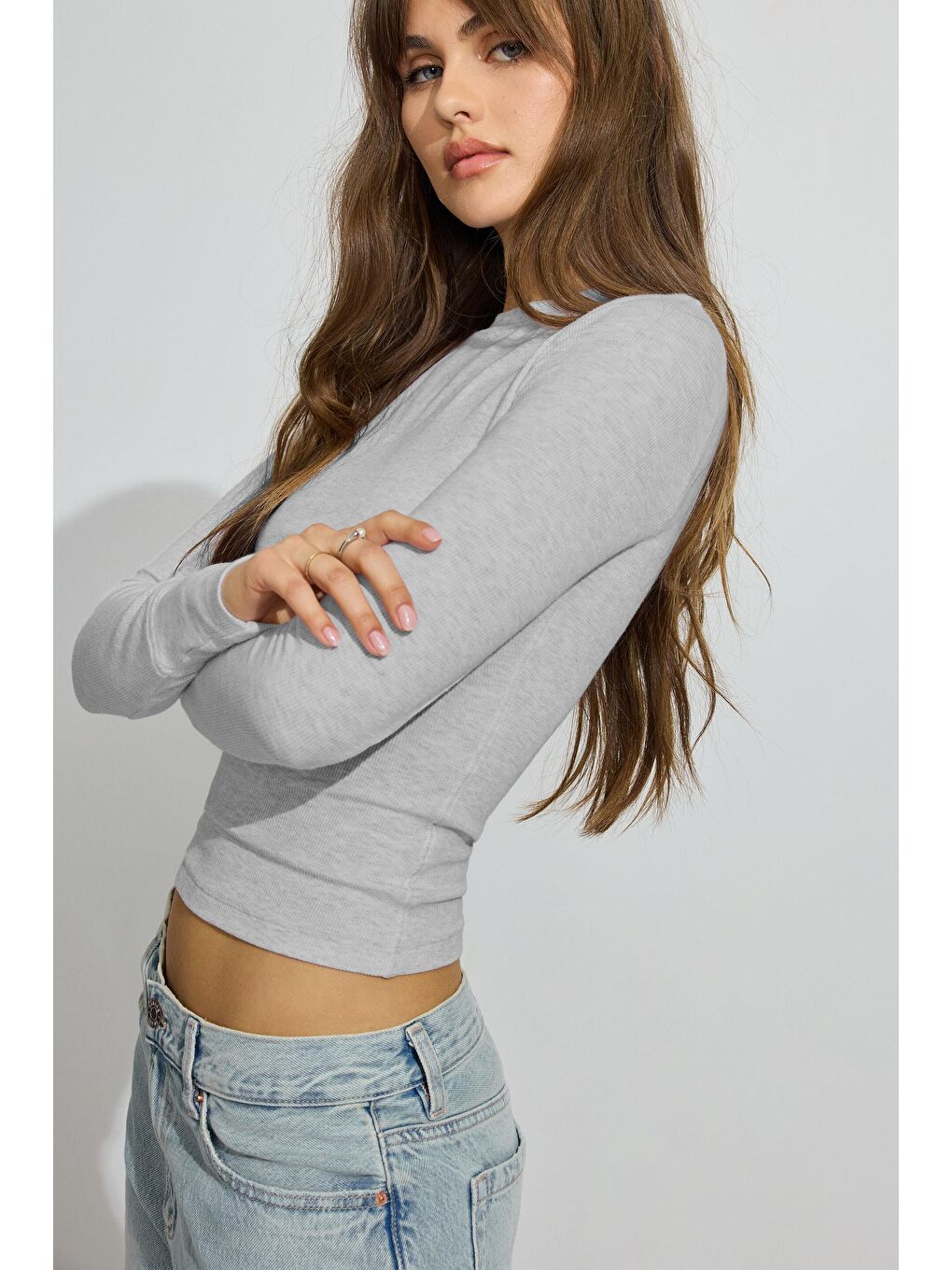 Gri Bisiklet Yaka Slim Fit Kadın Body Mg2564-2