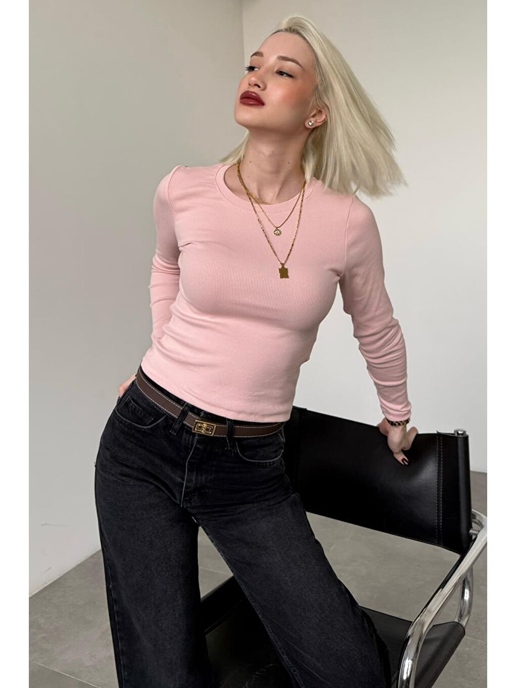 Pembe Pudra Bisiklet Yaka Slim Fit Kadın Body Mg2564-6