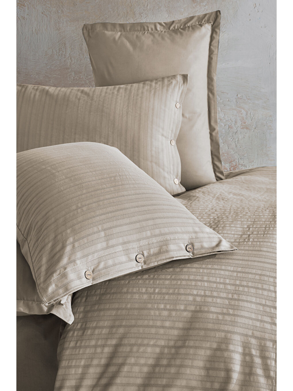 %100 Pamuk Tek Kişilik Düğmeli Nevresim Seti Arsida Bej-1