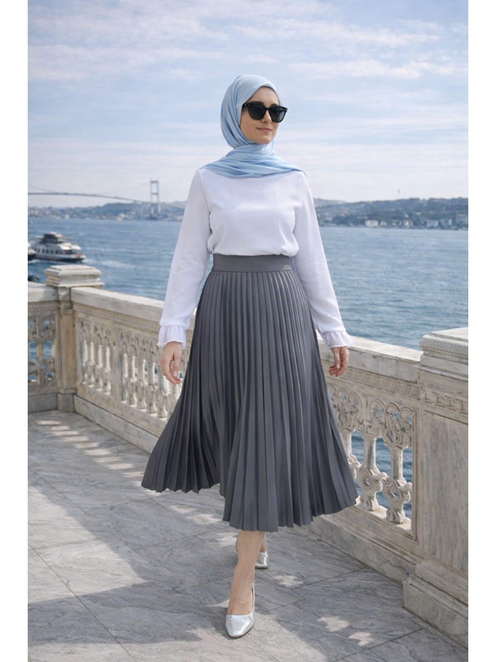 Kadın Premium Pileli Antrasit Uzun Tesettür Etek-2