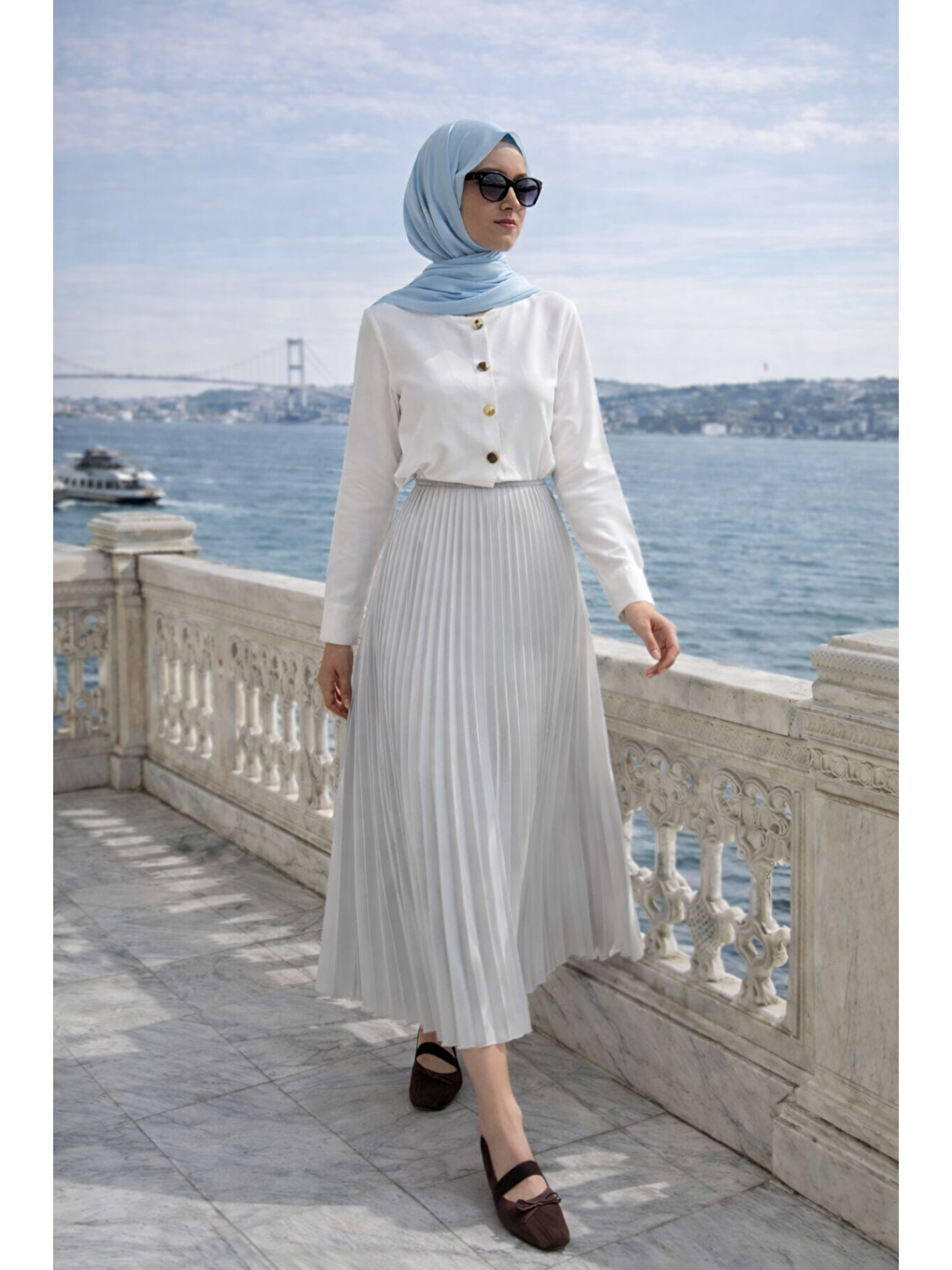 Kadın Premium Pileli Gri Uzun Tesettür Etek-2