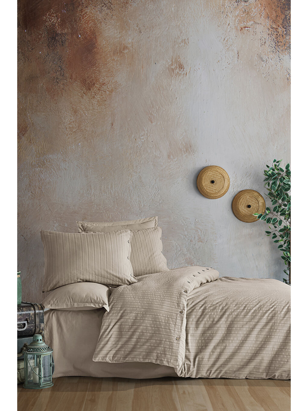 %100 Pamuk Tek Kişilik Düğmeli Nevresim Seti Arsida Bej-2