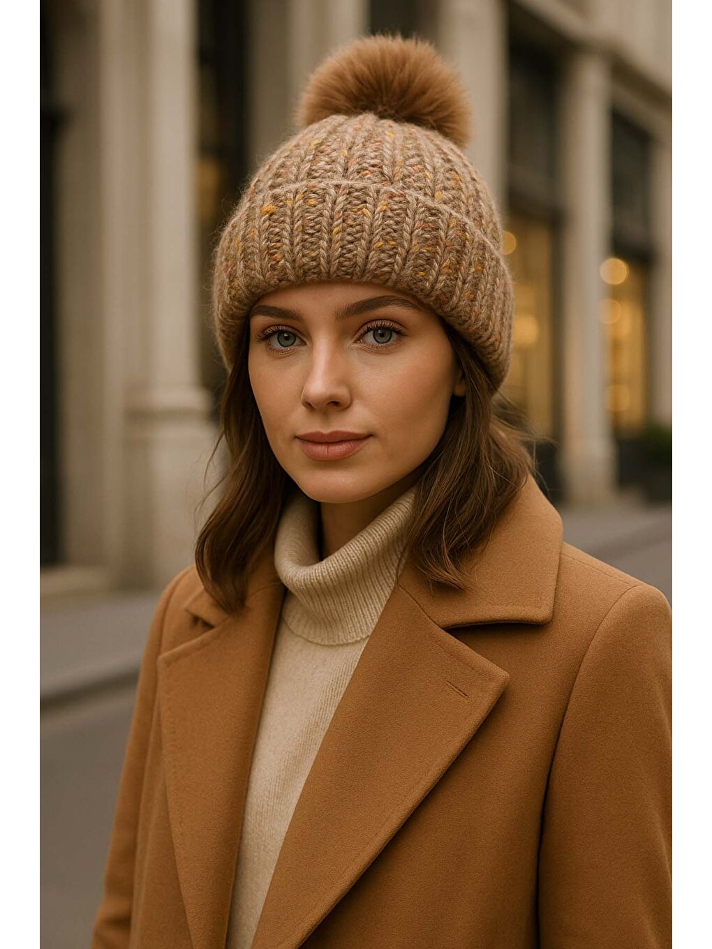 Bej Ponpon Detay Kadın Bere RKŞ-1142 Vizon