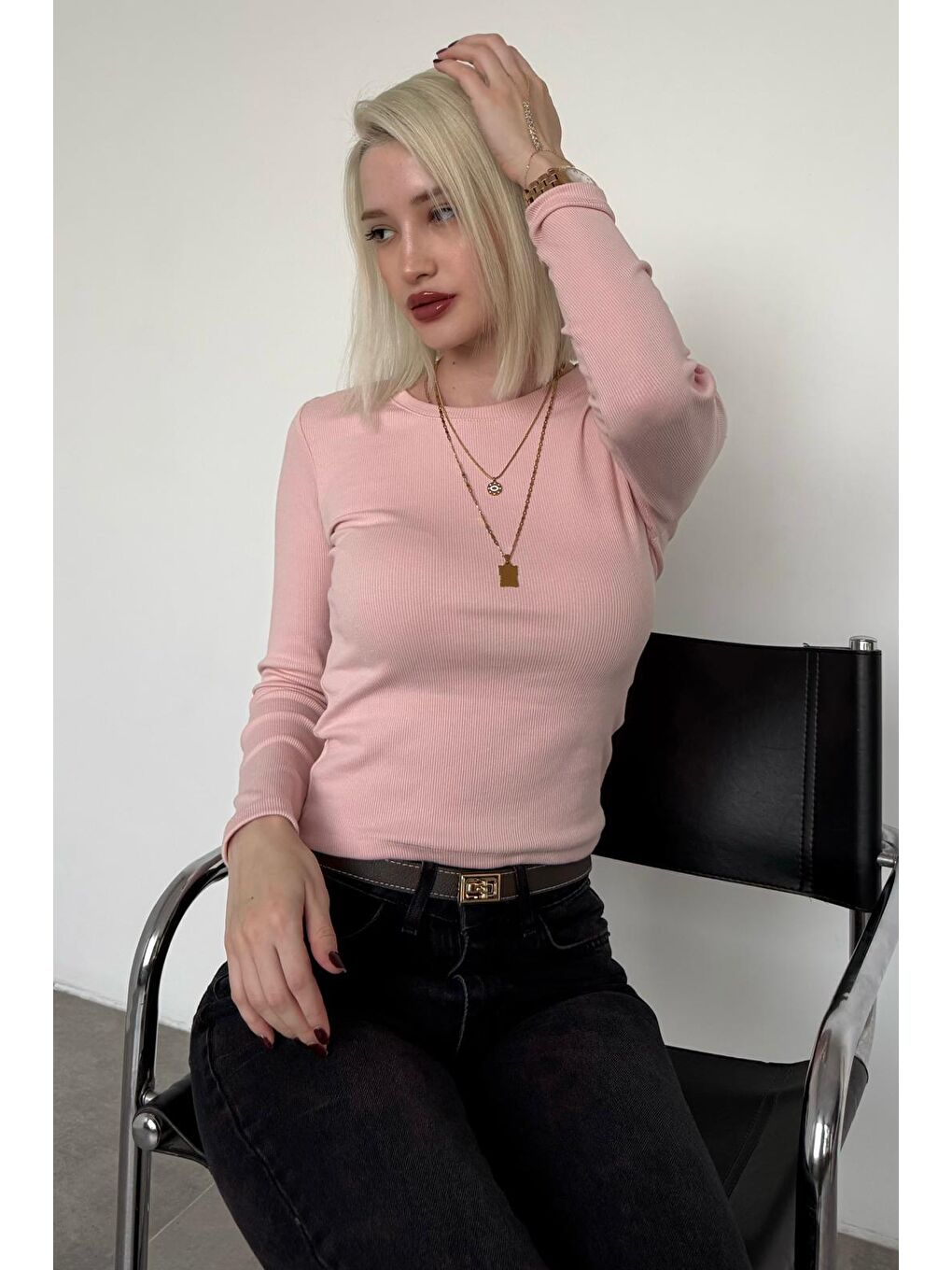 Pembe Pudra Bisiklet Yaka Slim Fit Kadın Body Mg2564-7