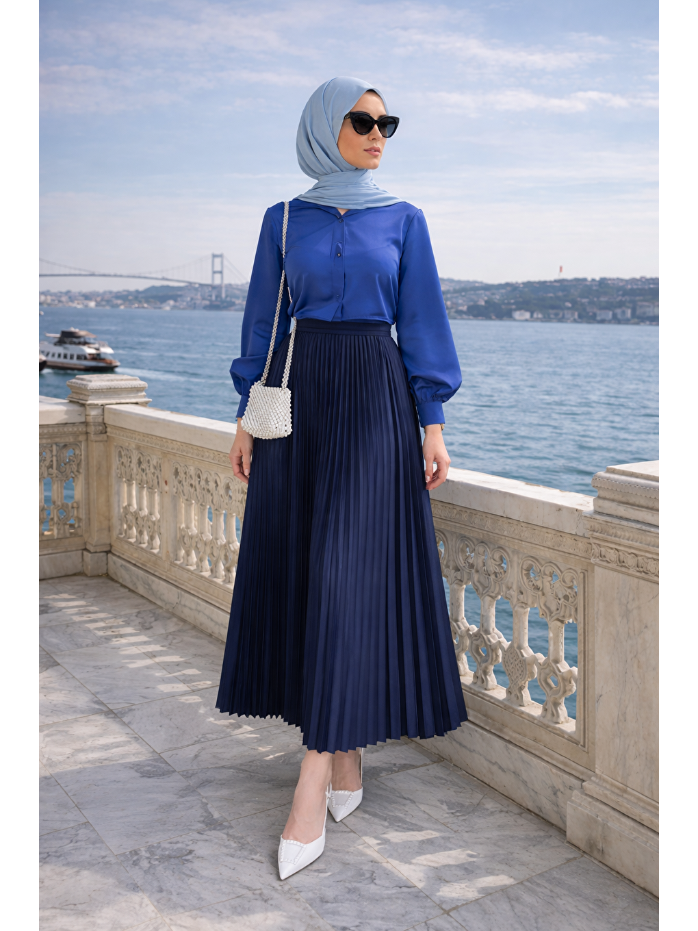 Kadın Premium Pileli Lacivert Uzun Tesettür Etek