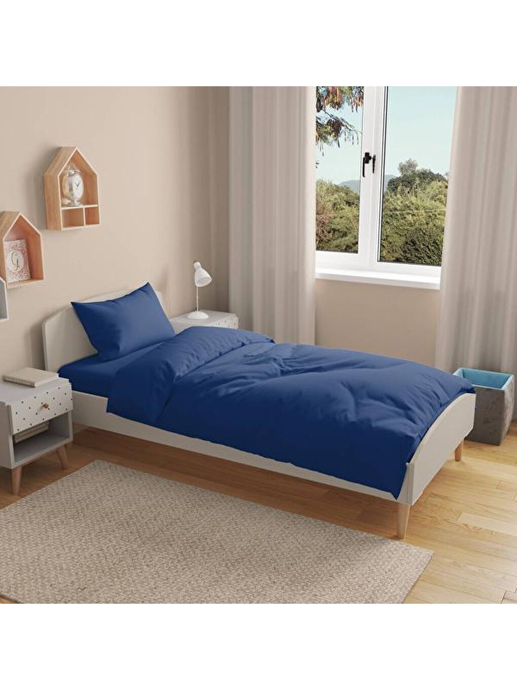 Soft Oxford Yastıklı Tek Kişilik Nevresim Takımı - Lacivert-1