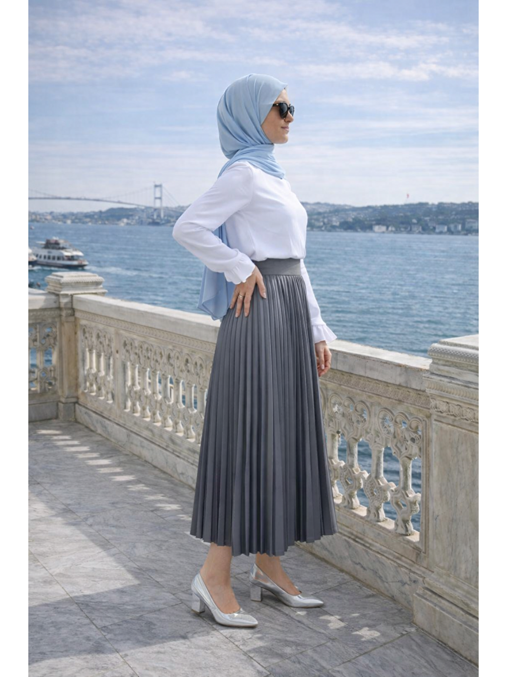 Kadın Premium Pileli Antrasit Uzun Tesettür Etek-4