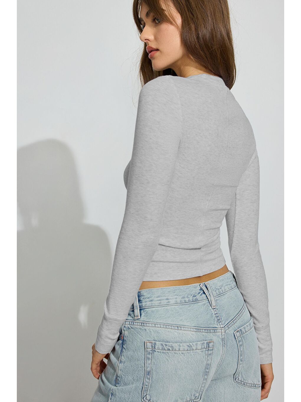 Gri Bisiklet Yaka Slim Fit Kadın Body Mg2564-3