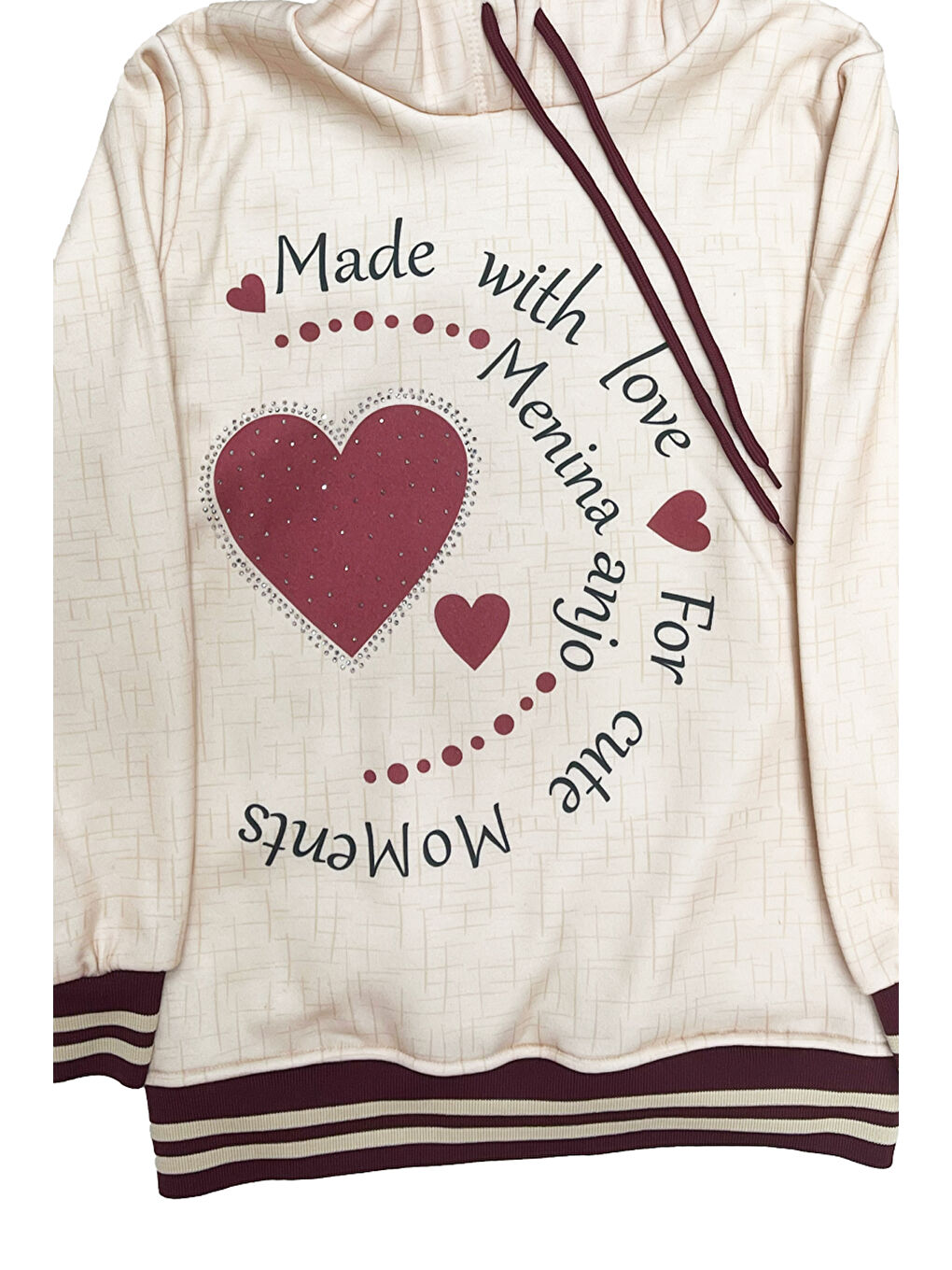 Bordo Kız Çocuk Taş Süslemeli Kapüşonlu Ribana Detaylı 3 İplik Alt-Üst Takım 12338-3