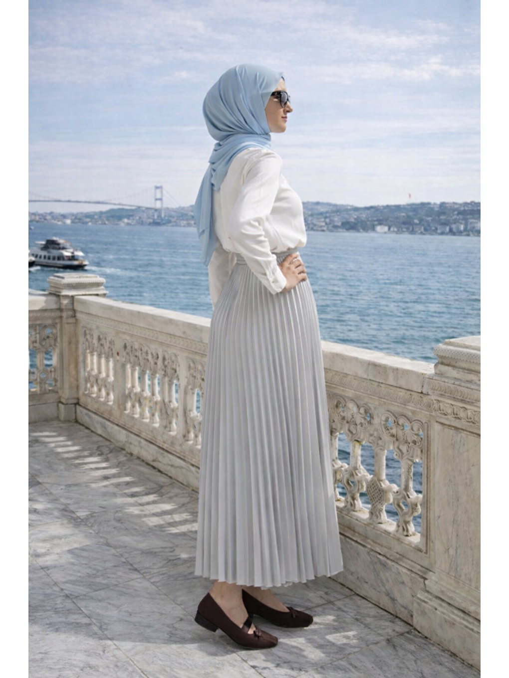 Kadın Premium Pileli Gri Uzun Tesettür Etek-4