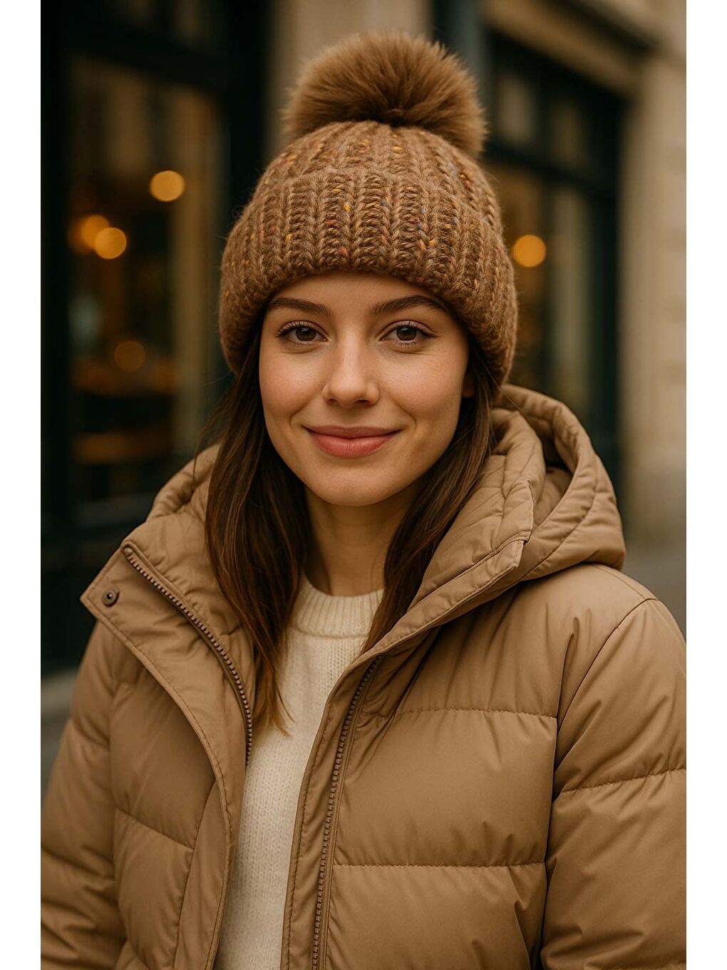 Bej Ponpon Detay Kadın Bere RKŞ-1142 Vizon-1