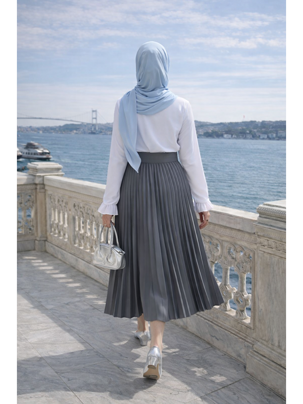 Kadın Premium Pileli Antrasit Uzun Tesettür Etek-5