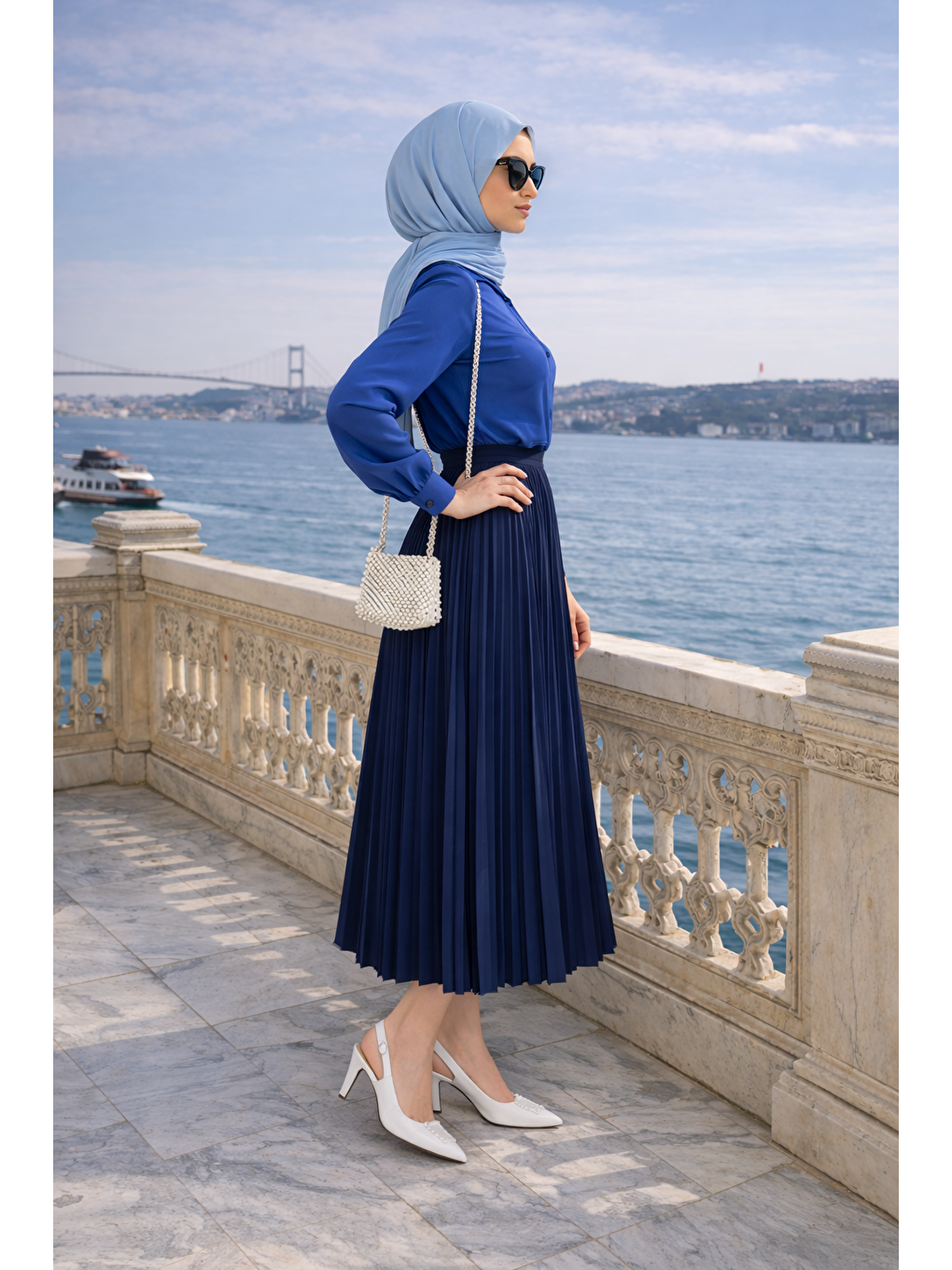 Kadın Premium Pileli Lacivert Uzun Tesettür Etek-1
