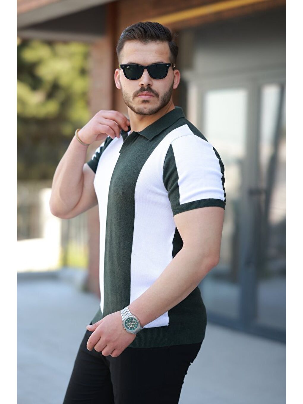 Yeşil Erkek Kısa Kollu Polo Yakalı Blok Desenli Triko Tişört-1