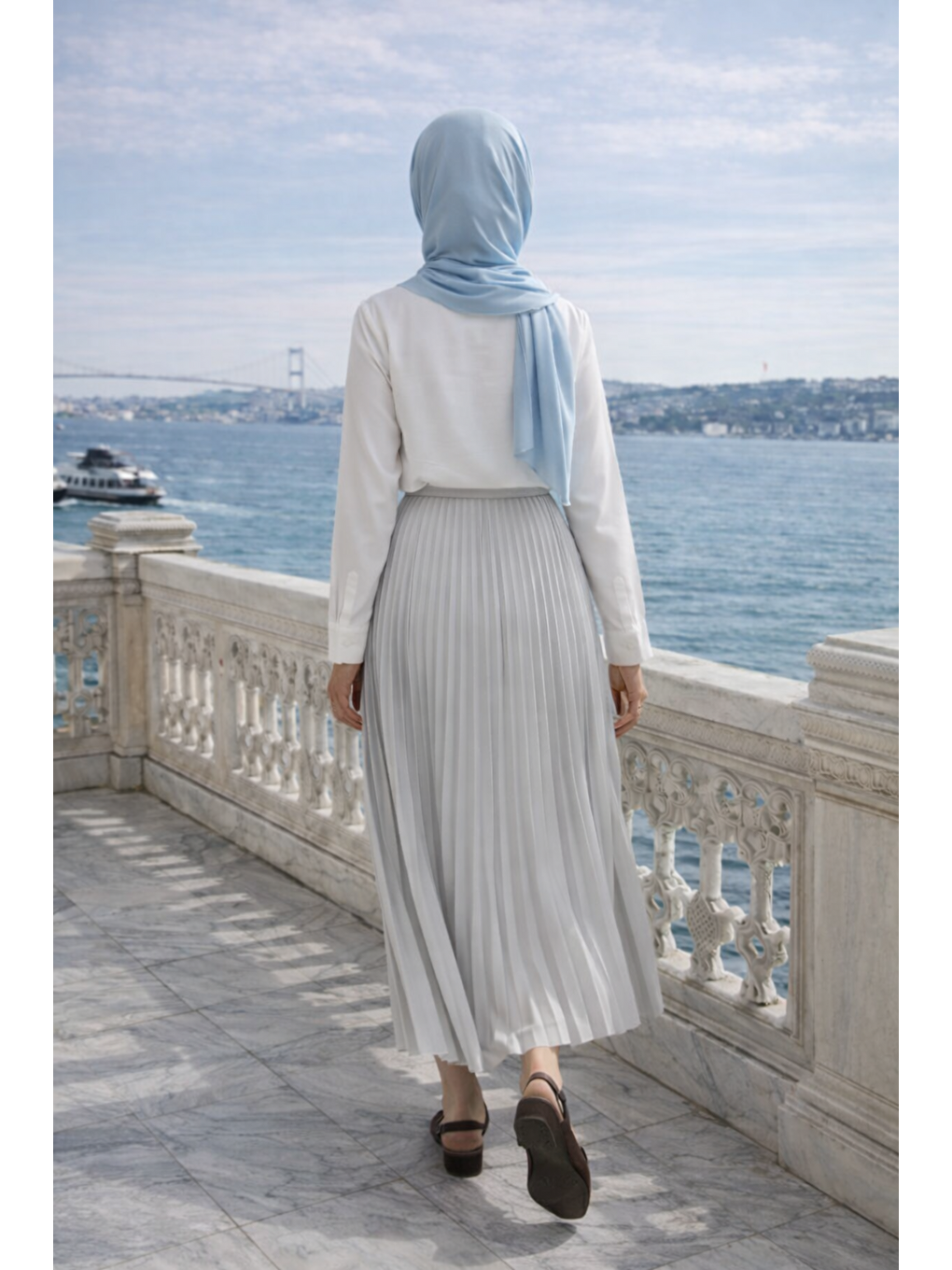 Kadın Premium Pileli Gri Uzun Tesettür Etek-5