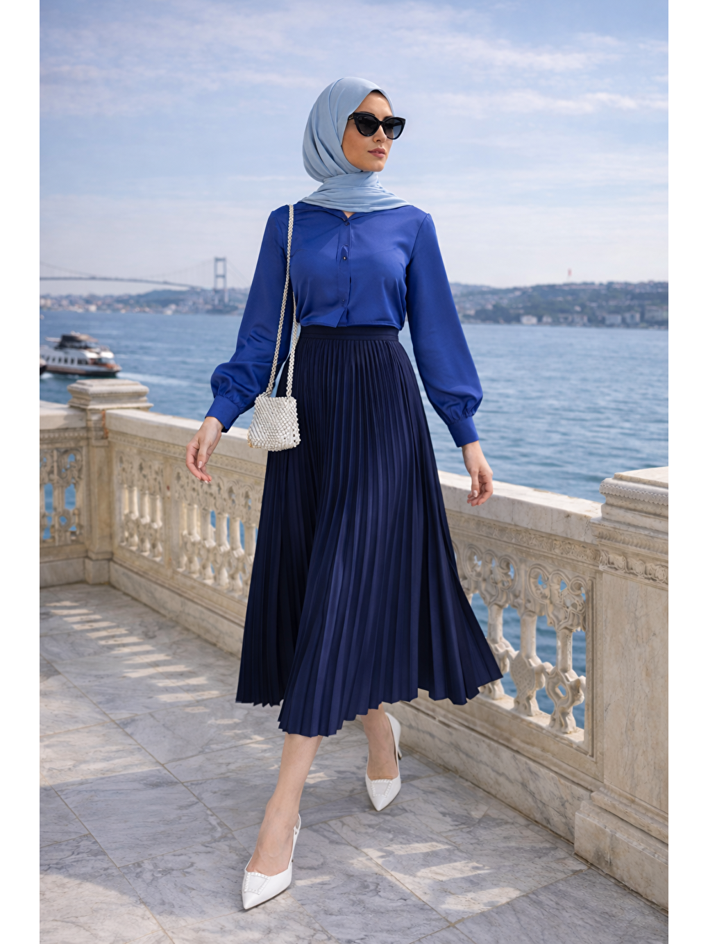 Kadın Premium Pileli Lacivert Uzun Tesettür Etek-2