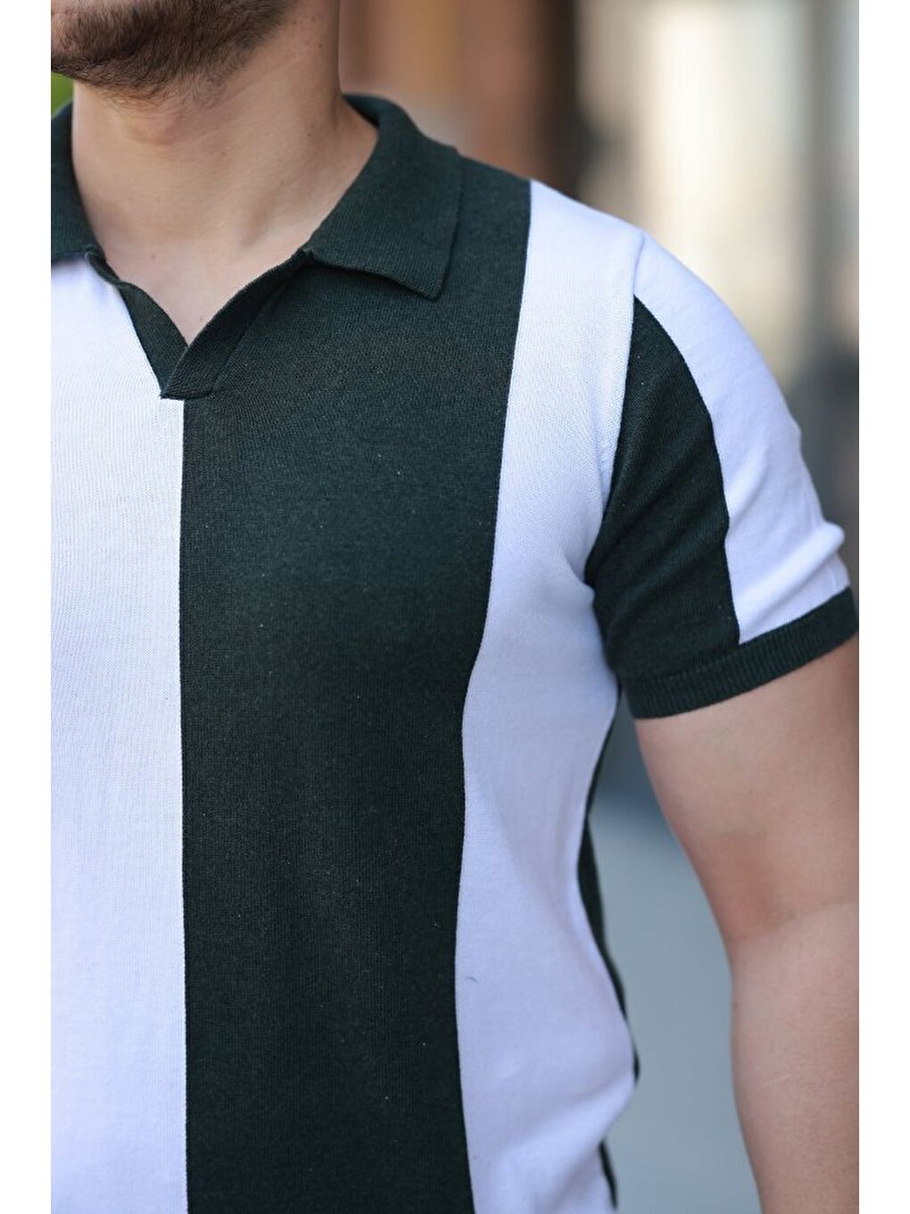 Yeşil Erkek Kısa Kollu Polo Yakalı Blok Desenli Triko Tişört-2