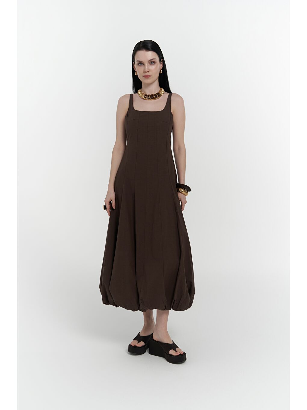 Kahverengi Garda Uzun Kahve Balon Elbise-1