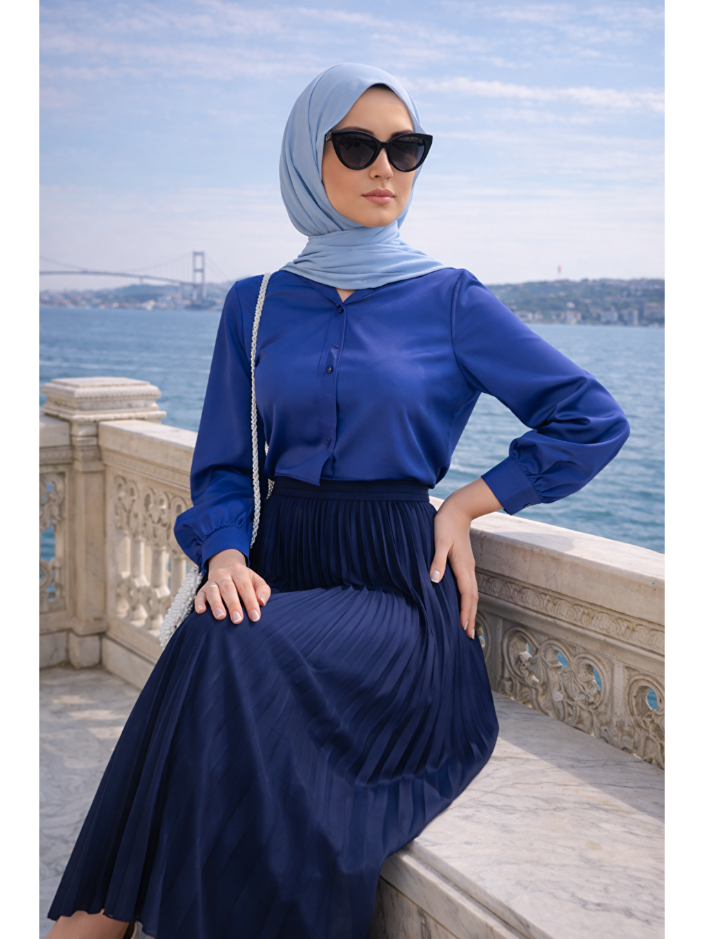 Kadın Premium Pileli Lacivert Uzun Tesettür Etek-3