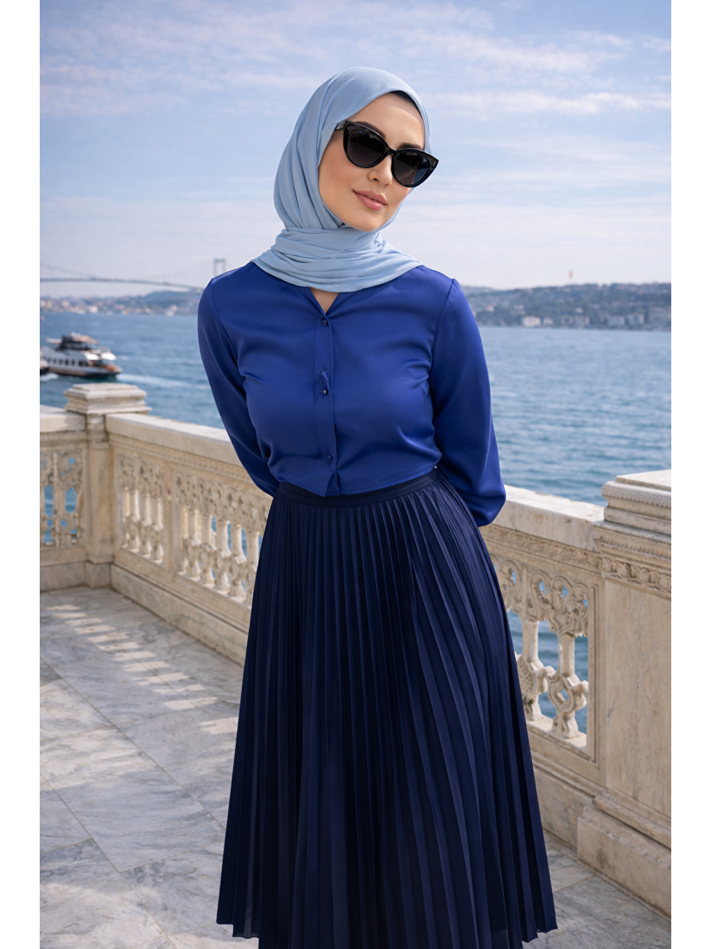 Kadın Premium Pileli Lacivert Uzun Tesettür Etek-4