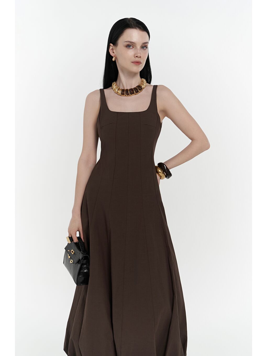 Kahverengi Garda Uzun Kahve Balon Elbise-3