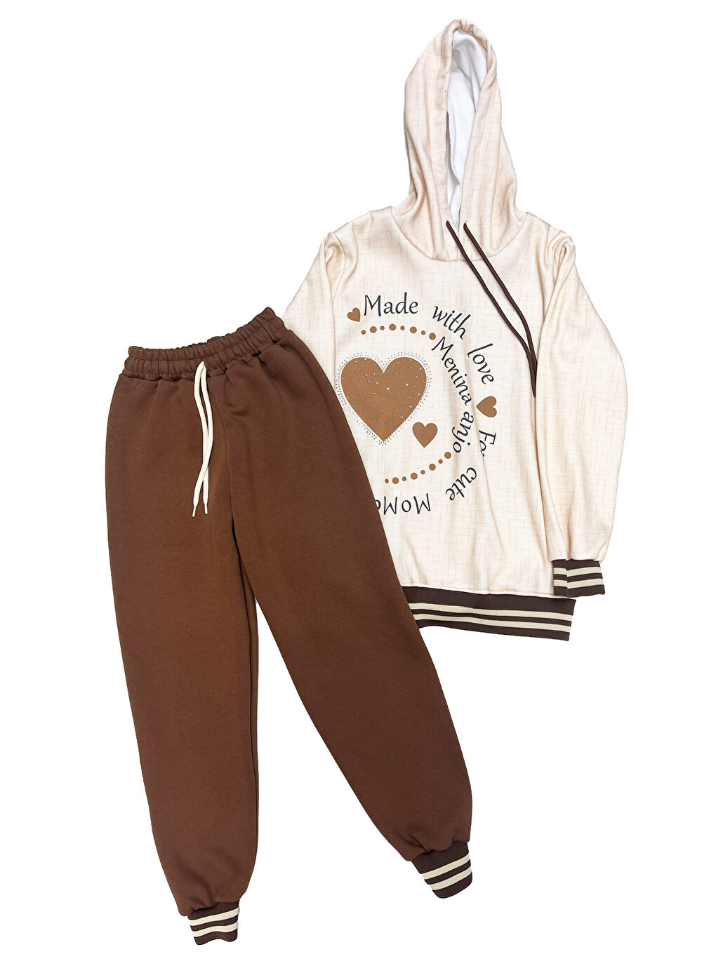 Kahverengi Kız Çocuk Taş Süslemeli Kapüşonlu Ribana Detaylı 3 İplik Alt-Üst Takım 12338