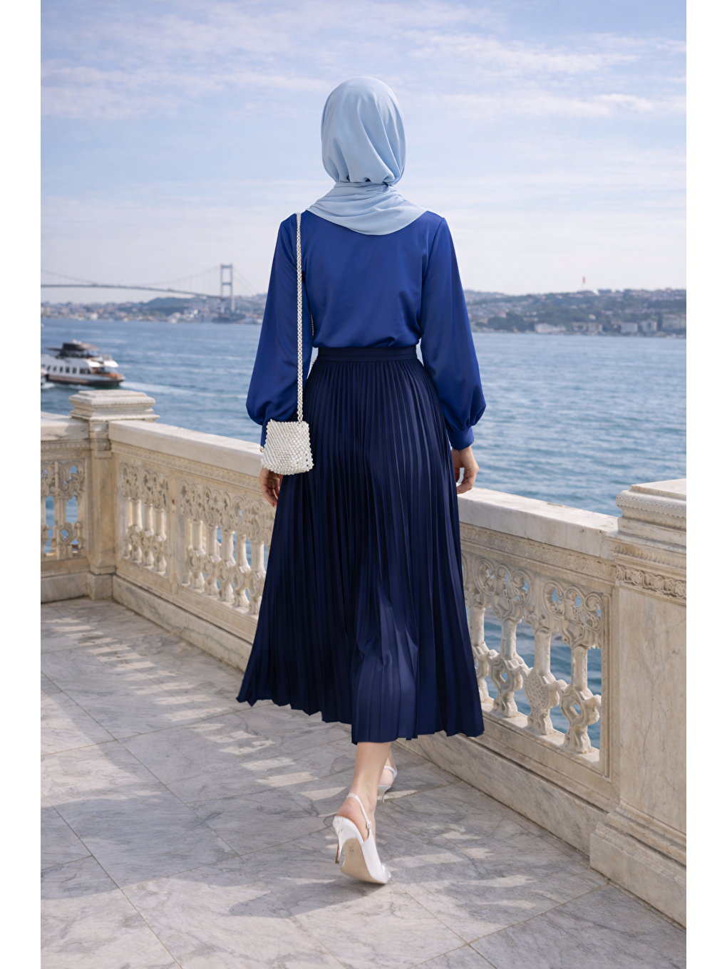 Kadın Premium Pileli Lacivert Uzun Tesettür Etek-5