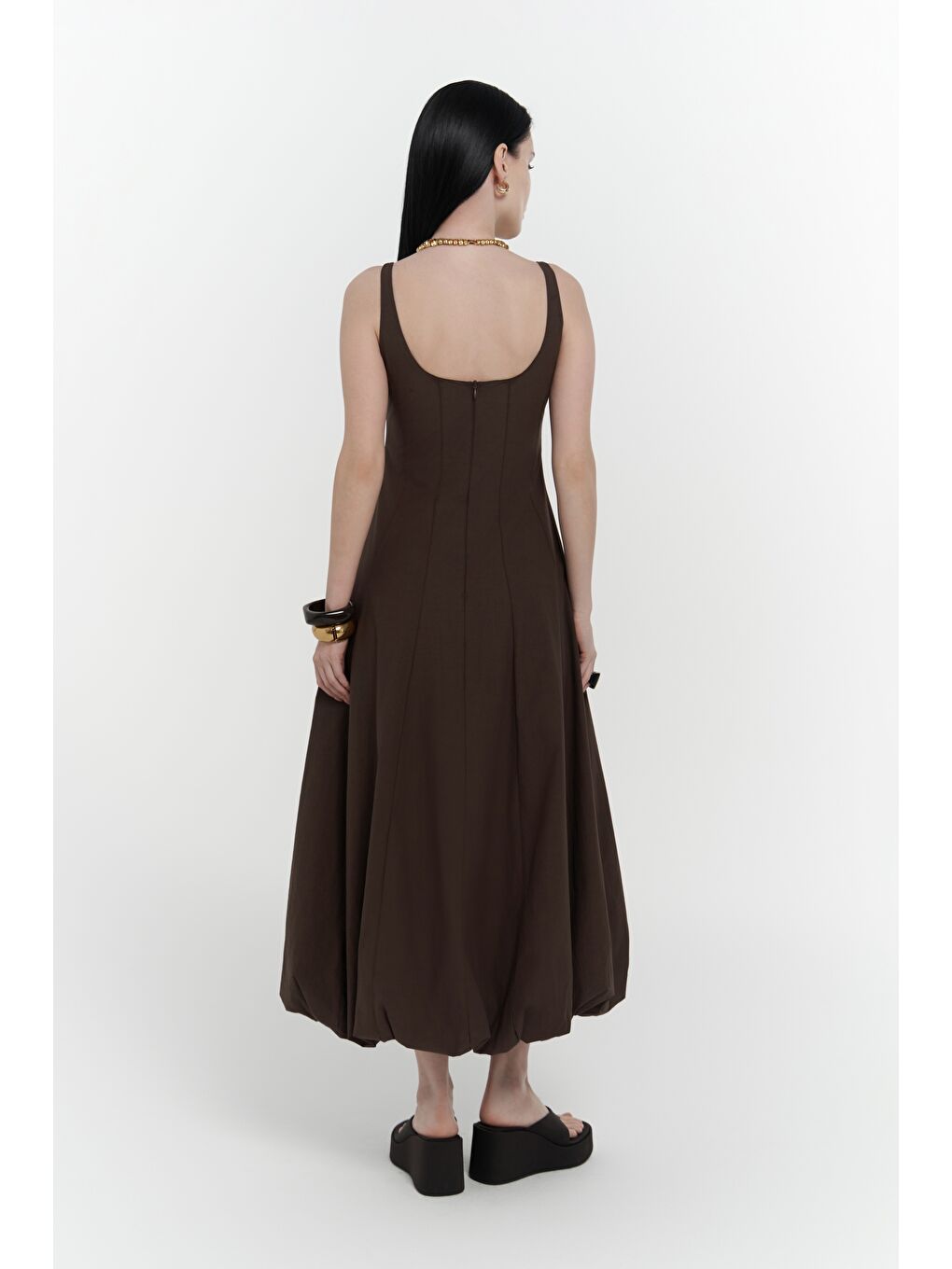 Kahverengi Garda Uzun Kahve Balon Elbise-4