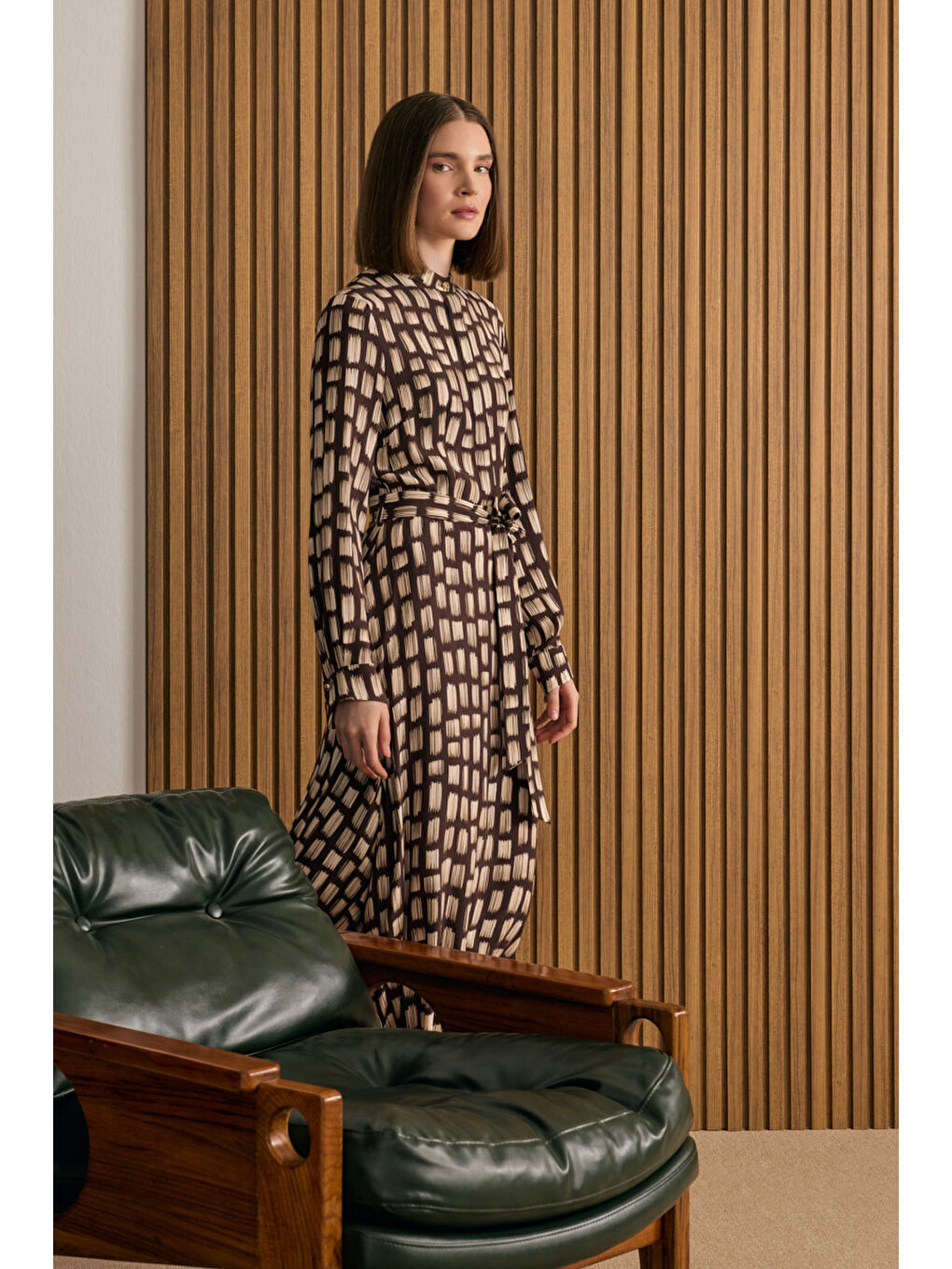 Kahverengi Desenli Viscon Elbise-1