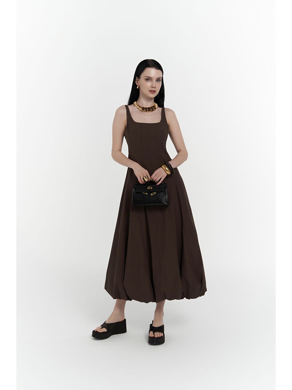 Kahverengi Garda Uzun Kahve Balon Elbise-5