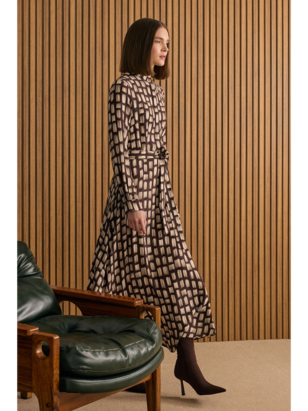 Kahverengi Desenli Viscon Elbise-2