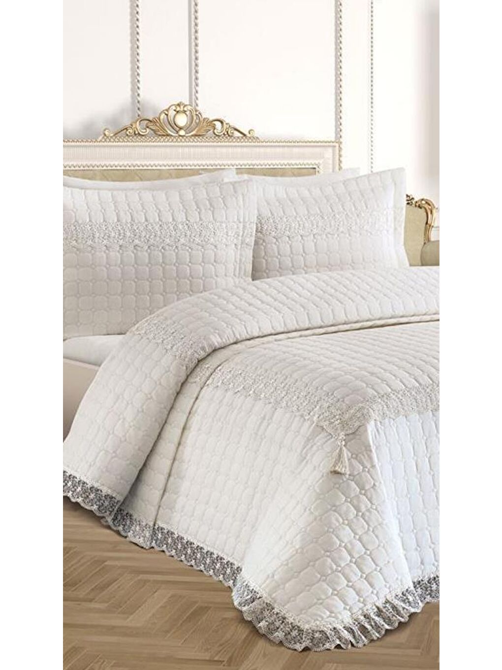 Karışık Roza Çift Kişilik Kapitoneli Yatak Örtüsü Krem Krem-3