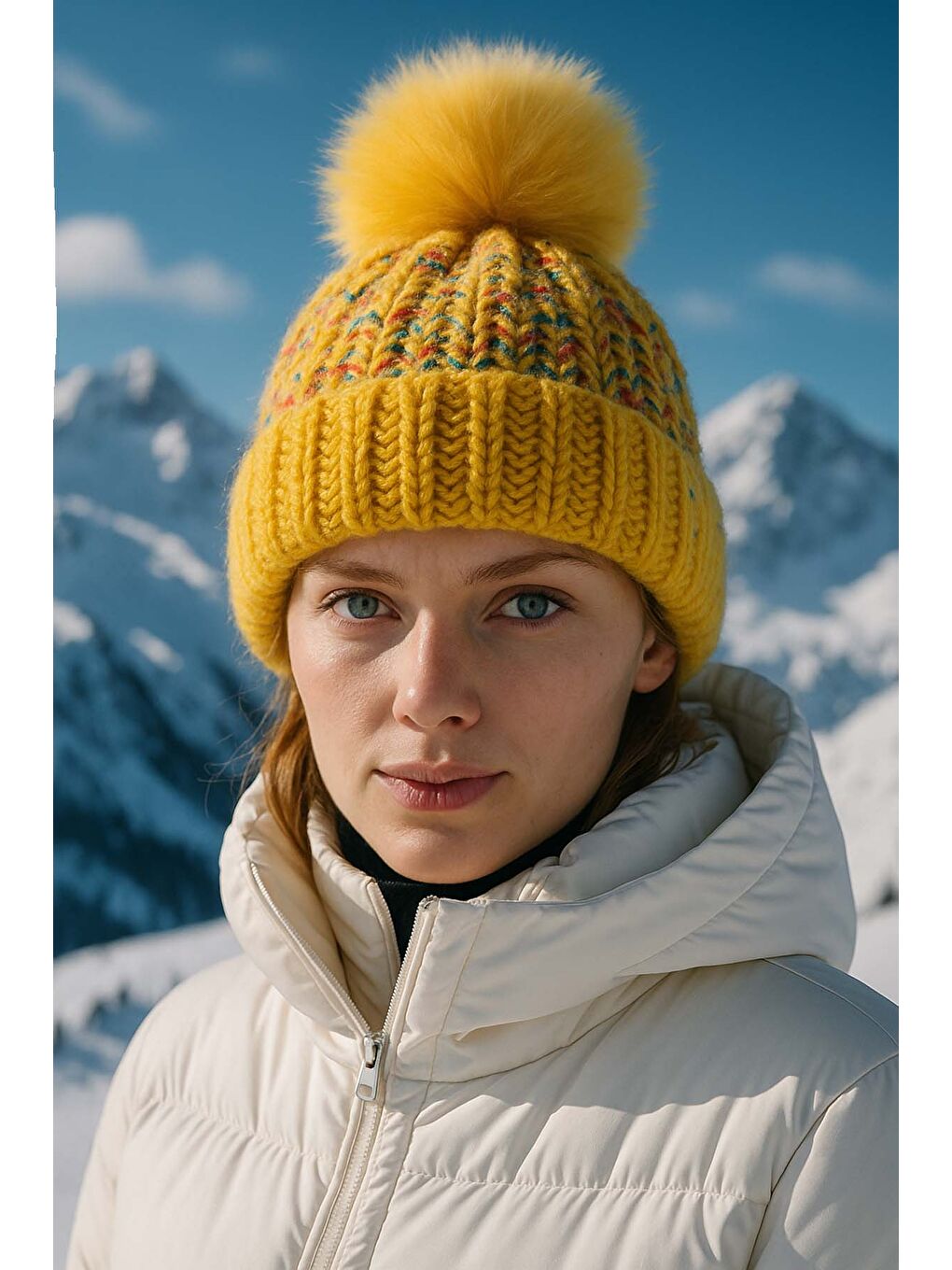 Sarı Ponpon Detay Kadın Bere RKŞ-1142 Hardal