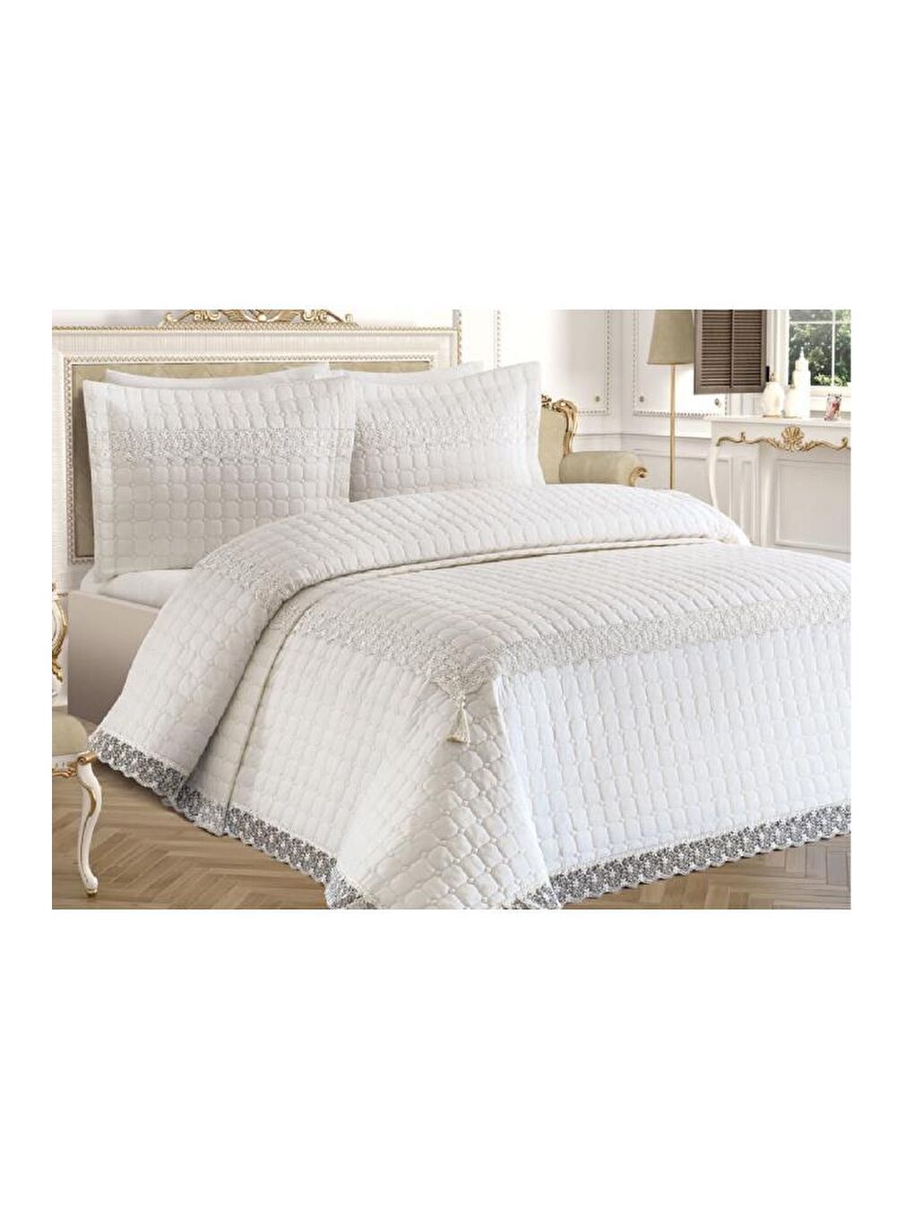 Karışık Roza Çift Kişilik Kapitoneli Yatak Örtüsü Krem Krem-5