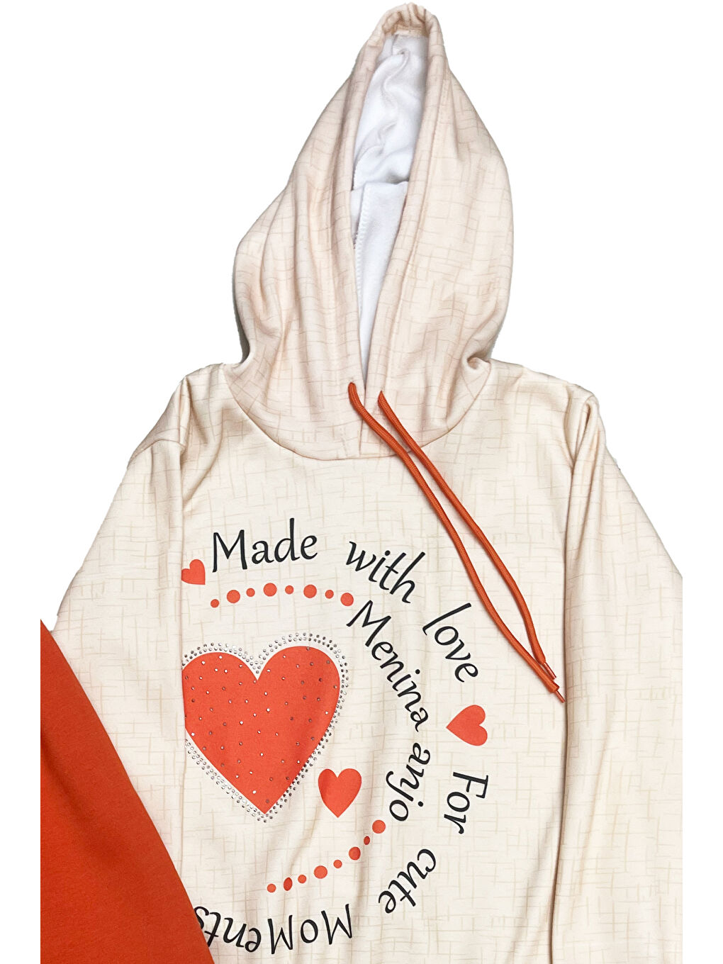 Kahverengi Kız Çocuk Taş Süslemeli Kapüşonlu Ribana Detaylı 3 İplik Alt-Üst Takım 12338-3