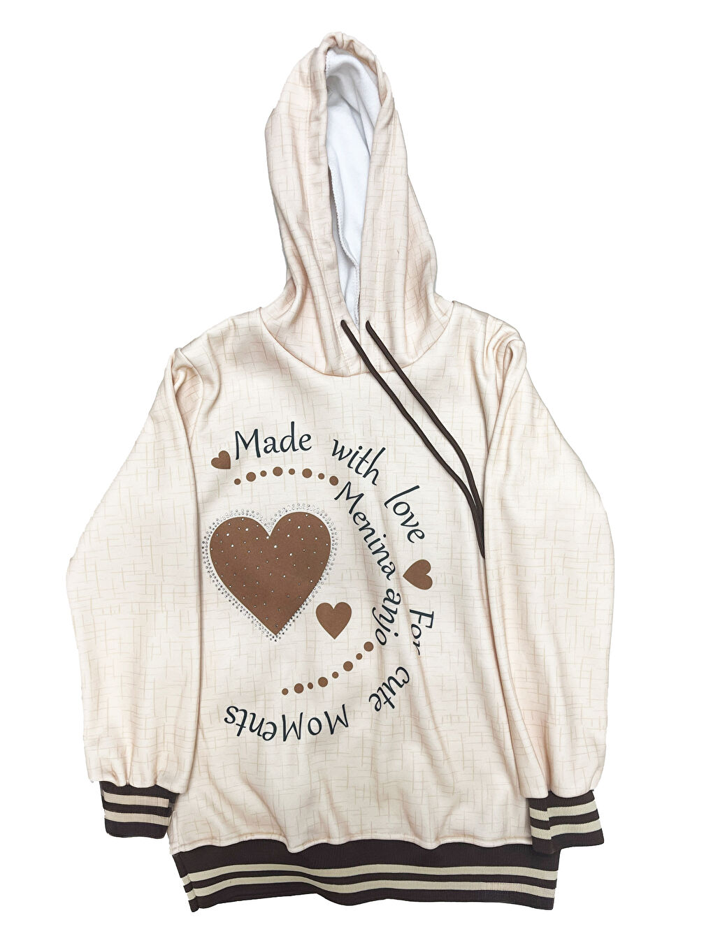 Kahverengi Kız Çocuk Taş Süslemeli Kapüşonlu Ribana Detaylı 3 İplik Alt-Üst Takım 12338-1