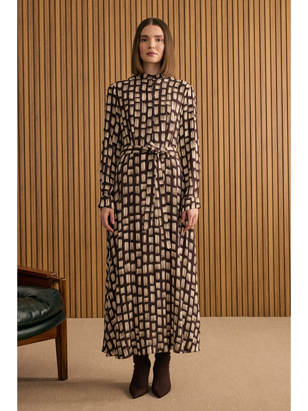 Kahverengi Desenli Viscon Elbise-3