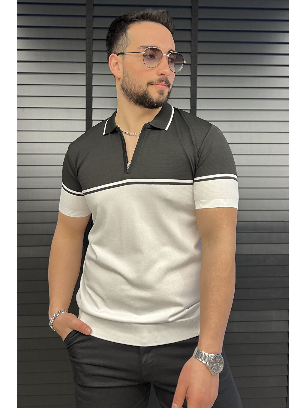 Siyah Erkek Polo Yaka Yarım Fermuarlı Triko Tişört