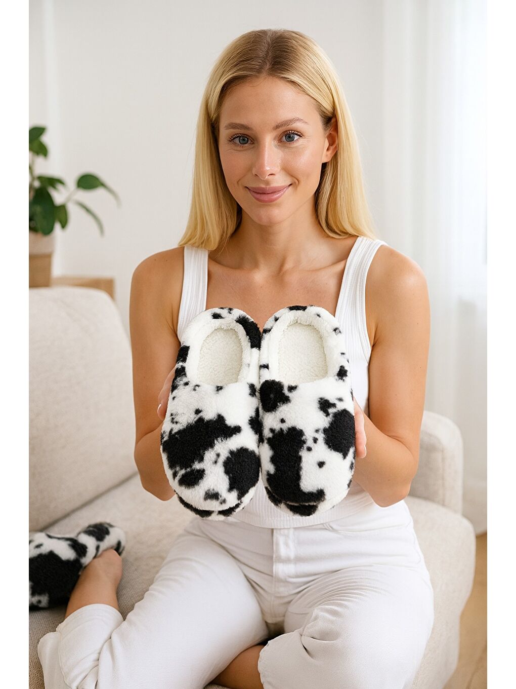 Beyaz PUFFY Kadın Ev Terliği Kışlık Terlik Kauçuk Ses Yapmaz Taban-2