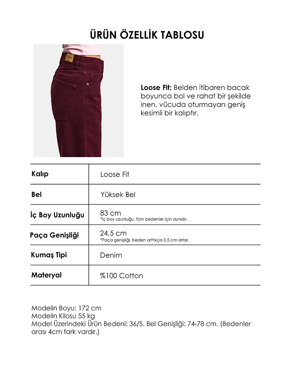 Kadın Bordo Renk Lora 7s6-35 Loose Fit %100 Pamuk Denim Jean-3