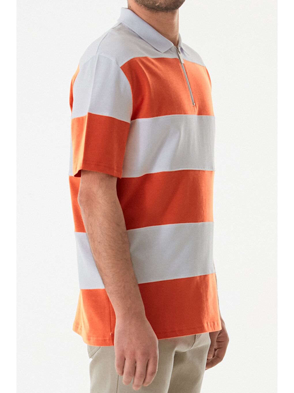 Turuncu Yarım Fermuarlı Polo Yaka Renk Bloklu Tişört-3