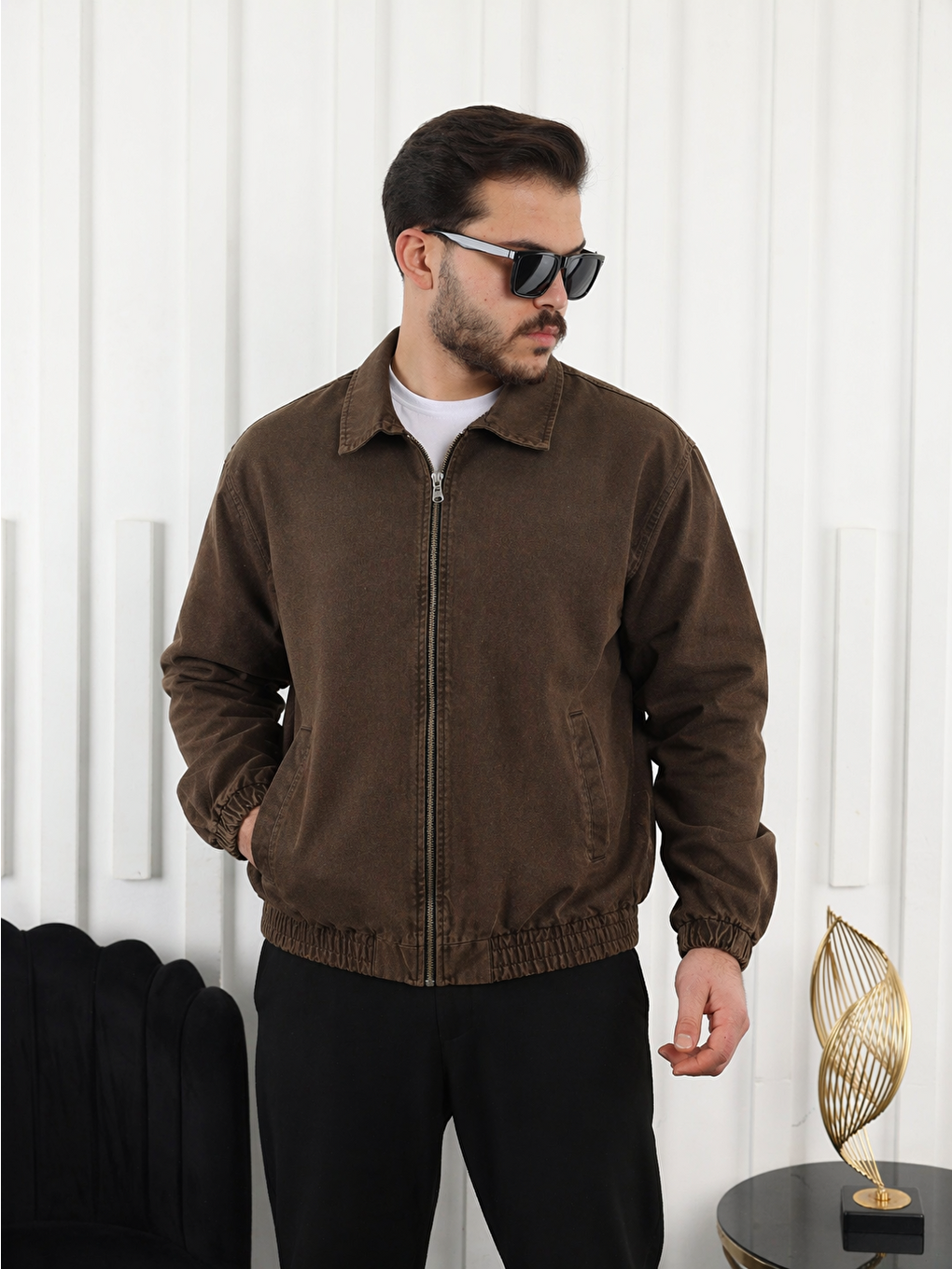 Kahverengi Erkek Mevsimlik Premium Kahve Oversize Bomber Ceket-1